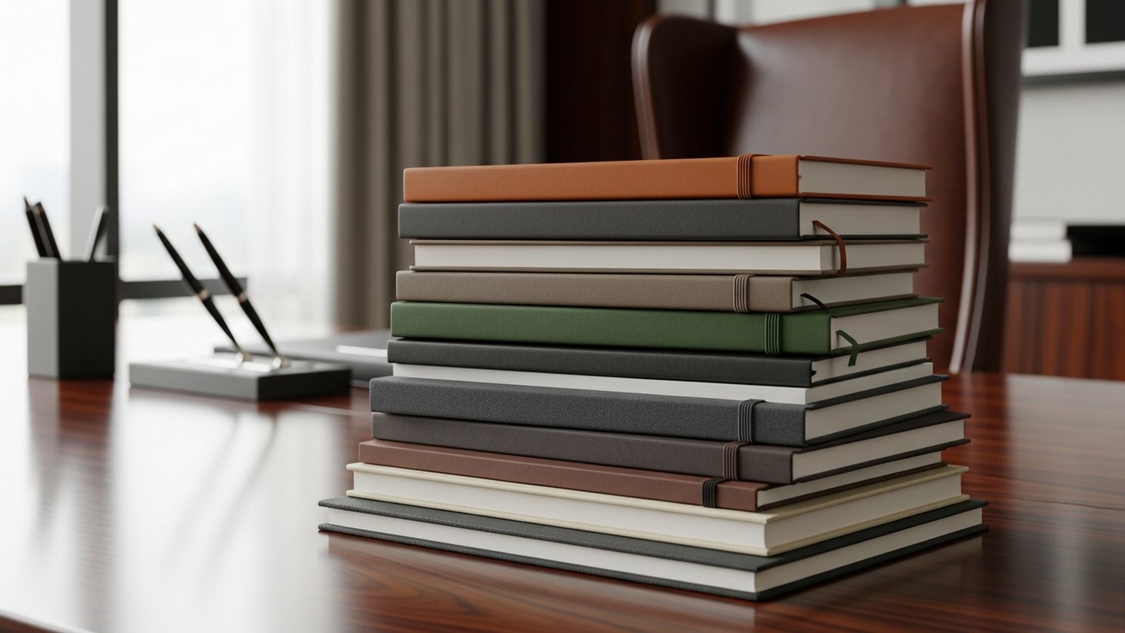 Libretas y cuadernos de pasta dura apilados en escritorio