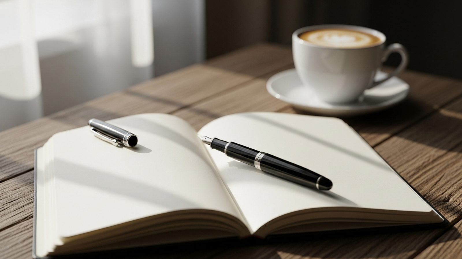 Libreta abierta con pluma fuente sobre mesa de madera