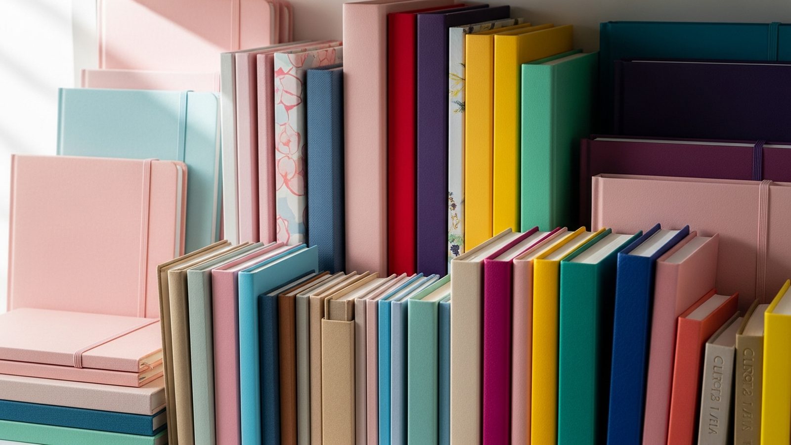 Estante de papelería con cuadernos y agendas de colores