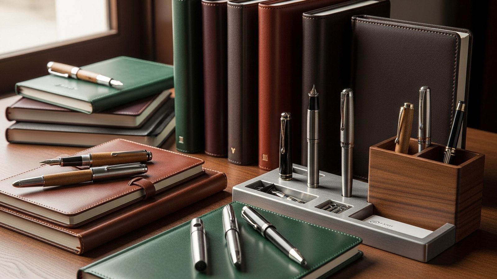 Set de escritorio con libretas de cuero y plumas